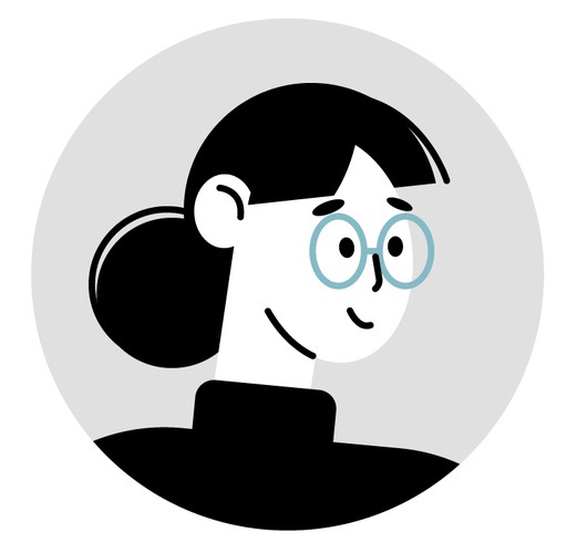 Zeichnung einer lächelnden Frau mit Brille vor grauem Hintergrund
