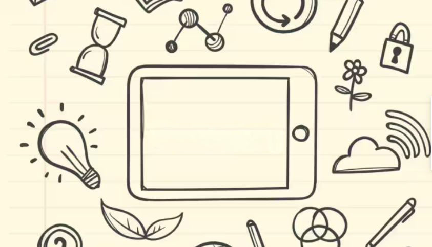 Illustriertes digitales Tablet mit handgemalten Elementen daneben wie Glühbirne, Stift, Cloud und Büroklammer