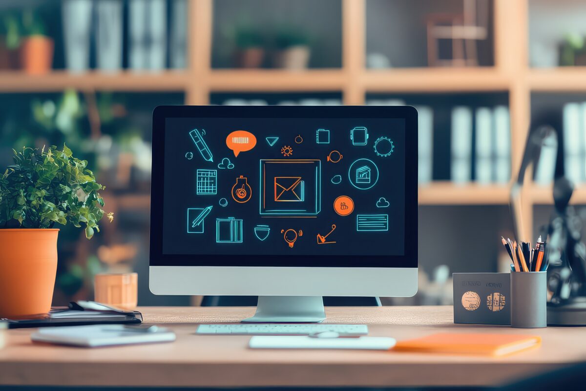 A modern office setup with a computer screen displaying various icons representing e-learning tools, digital books, and interactive online learning experiences.