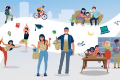 Bunte gezeichnete Figuren in verschiedenen Lebenssituationen wie einkaufen, lesen, Radfahren und wandern.