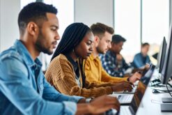 Studierende, die nebeneinander an ihren Laptops arbeiten.