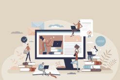 Gezeichnete Personen mit Büchern und Laptops