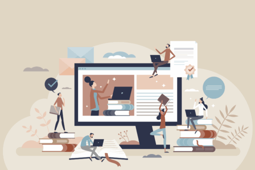 Gezeichnete Personen mit Büchern und Laptops