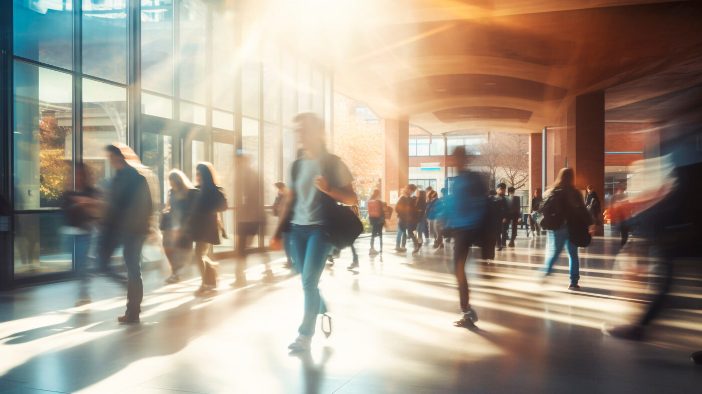 A bustling university or college environment where students are seen walking to their classes.