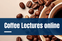 Kaffeetasse mit Kaffeebohnen und Schriftzug Coffee Lectures online