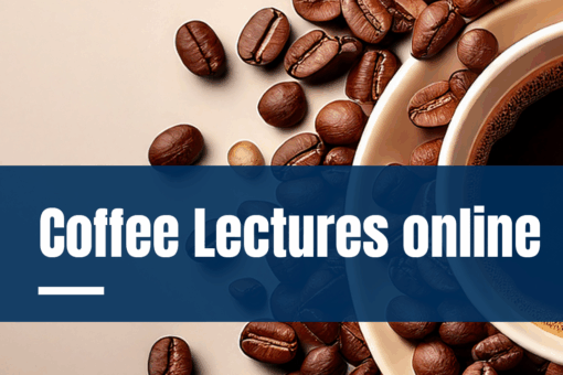 Kaffeetasse mit Kaffeebohnen und Schriftzug Coffee Lectures online