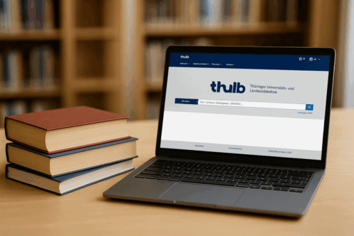 Aufgeklappter Laptop mit der ThULB-Suche auf dem Startbildschirm, daneben Bücher