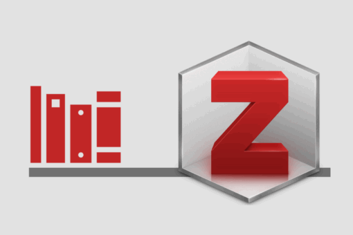 Rotes Z als Logo für Zotero mit roten Büchern daneben.